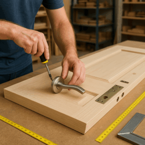 Kapı kolu ve kilit montajı yapılan bir kapı üzerinde çalışan usta. A craftsman installing a door handle and lock on a wooden door. Ein Handwerker, der einen Türgriff und ein Schloss an einer Holztür montiert.