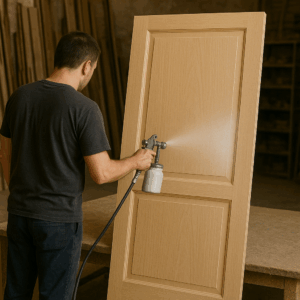 Ahşap yüzeye tutkal uygulaması yapılan bir çalışma sahnesi. A workspace showing glue application on a wooden surface. Eine Werkstatt, in der Leim auf eine Holzoberfläche aufgetragen wird.